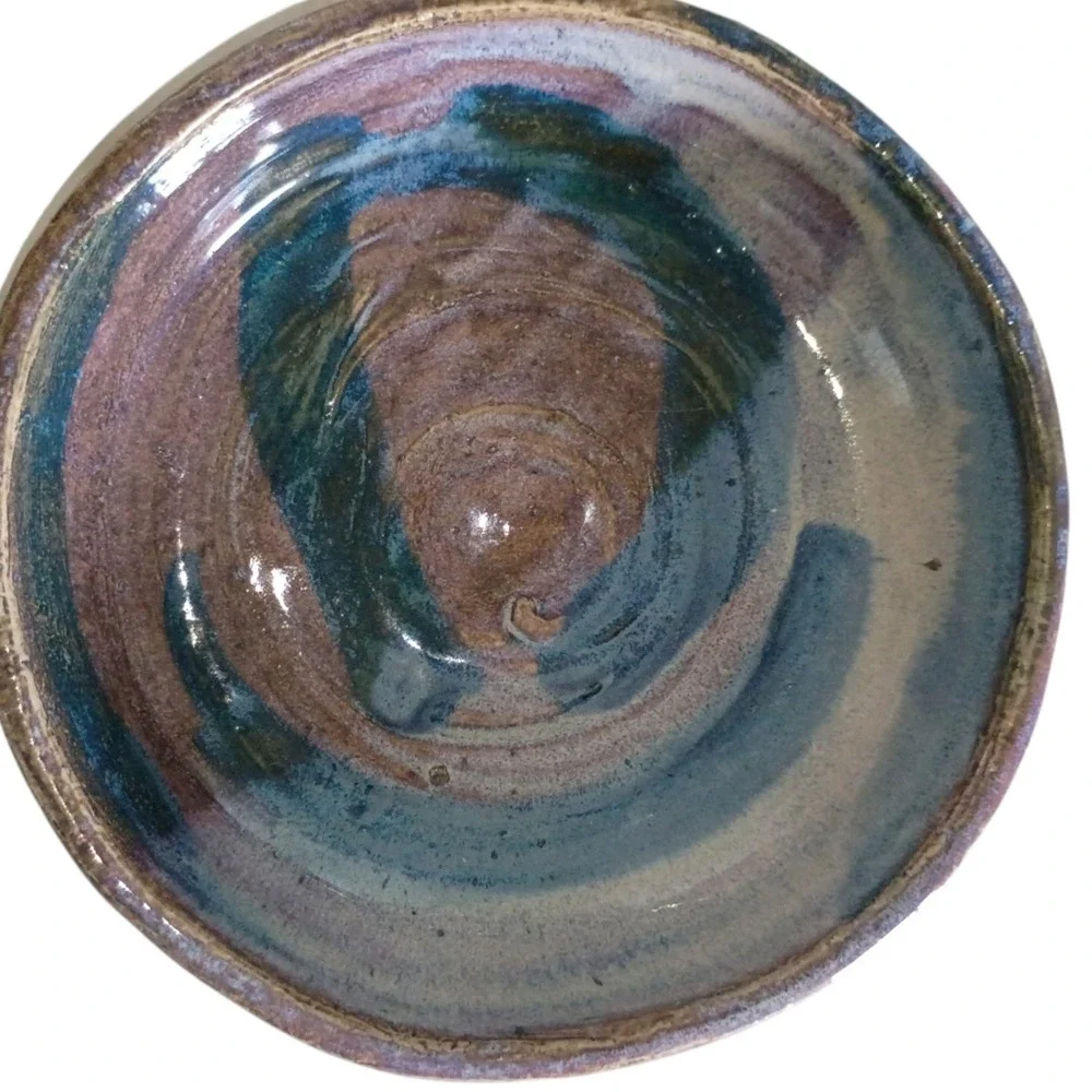 Signed‎ Studio Pottery Hand Thrown Glazed Stoneware Bowl Blue Purple Brown 5.5